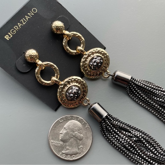 NEW RJ Graziano Gold Tone Gunmetal Tassel Drop Earrings - Picture 3 of 7